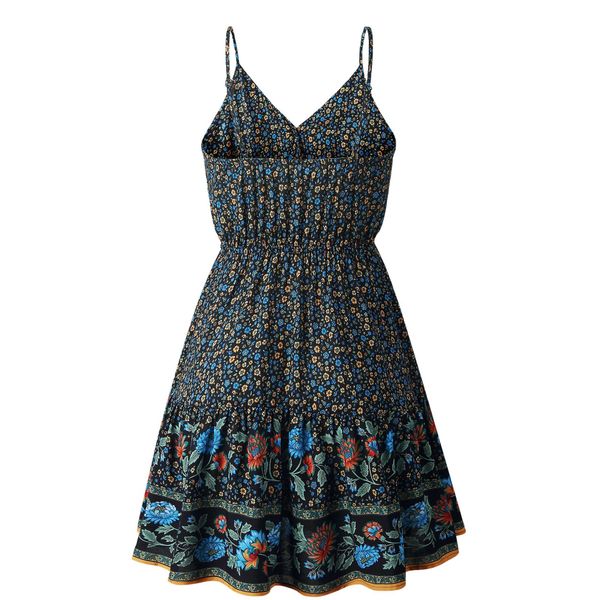 

fashion sling printing cotton dresses for ladies v neck button elastic waist women dresses, Black;gray