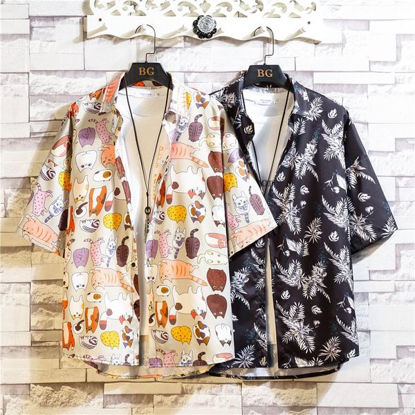 

2020 summer new fashion short-sleeved shirt men loose and plus-sized lapel cartoon pattern printed shirts, White;black