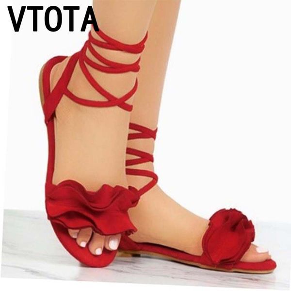 

vtota ankle strap flat ruffle sandals shoes lace up women flower beach sandals sandalia feminina chaussure femme plus size 43, Black