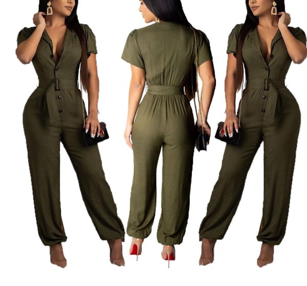 

2020 new european and american women's fashion casual temperament features solid color jumpsuit pants with belt, Black;white