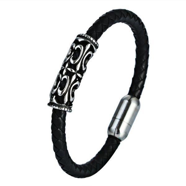 

new titanium steel magnetic buckle leather bracelet braided rope stainless steel casting scout pattern, Black