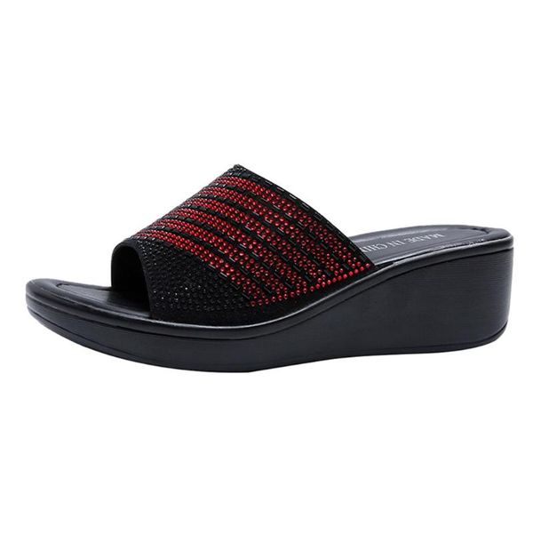 

женские летние тапочки на высоком каблуке клин стиль открытый носок сандалии пляжная обувь для ходьбы женские шлепанцы летние причинные тапо, Black