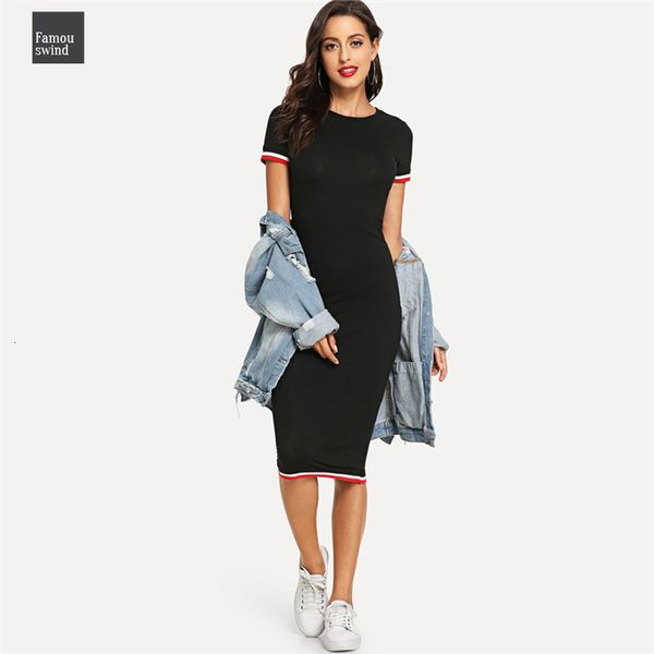 

dress black striped trim tee spring streetwear round neck mid calf women casual clothes 2019 new summer bodycon long dress, Black;gray