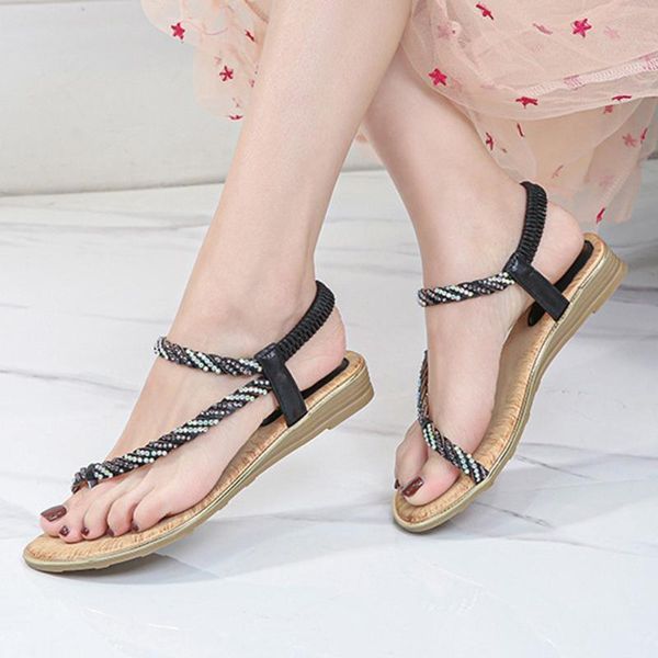 

sandals women 2021 flat summer crystal bohemia ethnic casual string beach shoes for woman#0306, Black