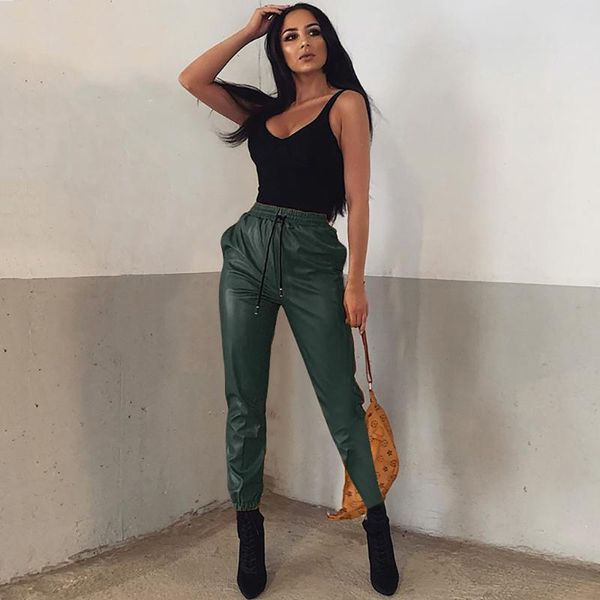 

fashion women's solid black high-waist elastic pencil pants tight pu coating imitate leather trousers, Blue