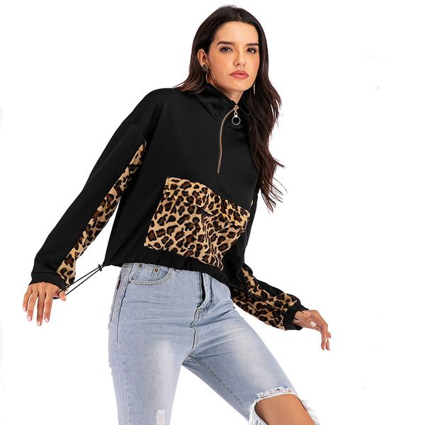 

леди женщины девушка девичьего стенд воротник hoodie leopard толстовка тонкого jumper мода черного и leopard горячих продажи нового прибытие, Black