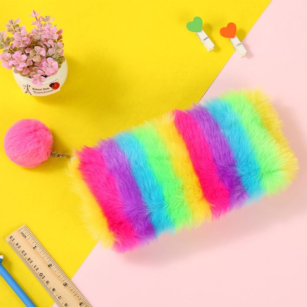 

school rainbow style zipper with pendant large capacity office pencil bag plush cute furry stationery lightweight storage