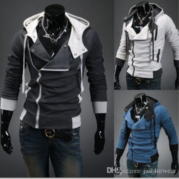 

мужские assassins creed 3 с капюшоном пальто способа куртки косой zipper тонкий толстовки пальто мужские повседневные fit с длинными рукавам, Black;brown