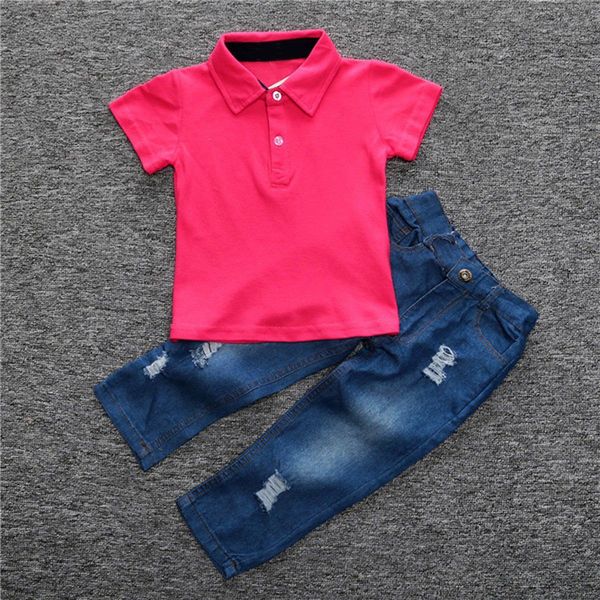 

2pcs lovely kids pure color shirt baby boys summer casual style clothes set worn denim jeans pants outfits set, White