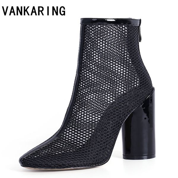 

brand leather air mesh pumps summer fashion ankle boots for women cut-outs zip party wedding shoes woman high heel sandals, Black