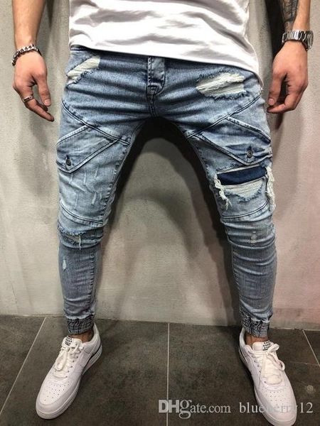 

mens denim jeans men pencil pants slim fit biker skinny jeans casual jogger hole pocket hip hop color blue jeans