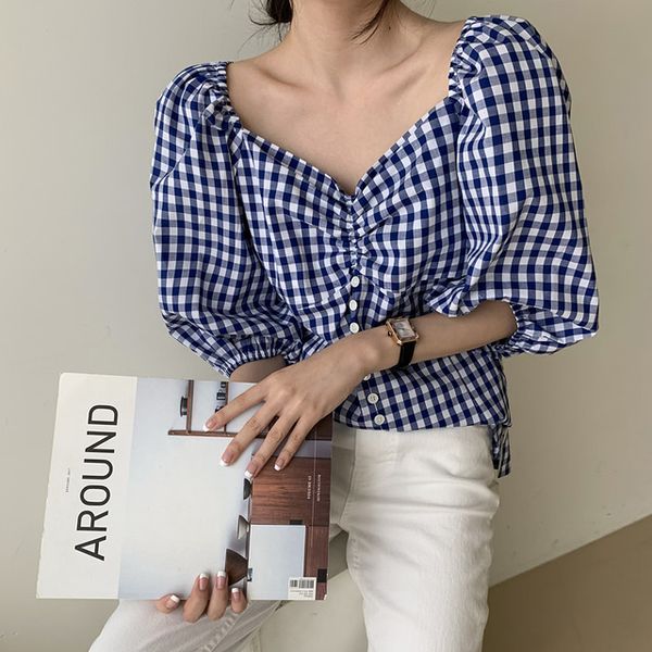 

korea chic vintege women blouse v-neck loose blue shirts puff sleeve plaid shirt female mujer my666, White
