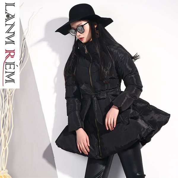 

lanmrem 2018 bandage waist a-line black cotton clothing for women winter long sleeve turtleneck zipper cotton padded wc69101