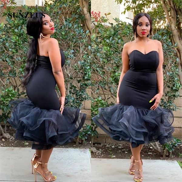 

tea length mermaid prom dress puffy organza skirt black party gowns for women sweetheart simple special occasion dress african girls robe