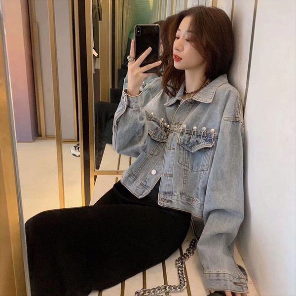 

denim women's loose 2019 hundred-match long sleeve short autumn fashion denim jacket women's loose 2019 hundred-match long sleeve, White