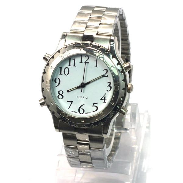 

english talking clock stainless steel for blind or visually impaired watch men women digital number wristwatch, Slivery;brown