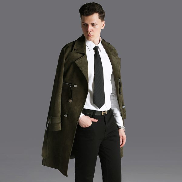 

suede leather long coat men windbreaker autumn winter mens plus size gothic fall trench coat jacket outerwear mens overcoats, Tan;black