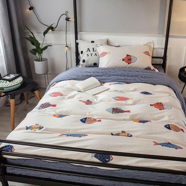 

2019 ins cartoon colorful fishes dormitory 3pcs bedding set twin hypoallergenic cotton bedlinens duvet cover set single bed