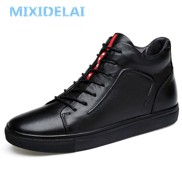 

mixidelai 100% genuine leather ankle high snow keep warm flats boots men winter shoes mx190819, Black