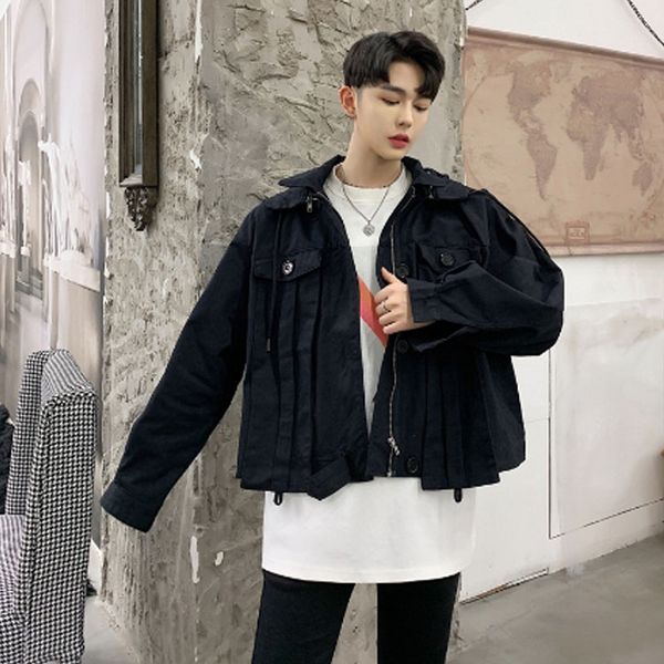 

homens primavera outono branco preto do vintage jaqueta curta com capuz jaqueta casaco de grandes dimensões mulheres japonês cas, Tan;black