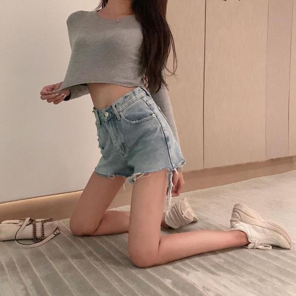 

women's jeans fashion 2020 summer hole ripped korean denim shorts loose loose thin pants female summer, Blue