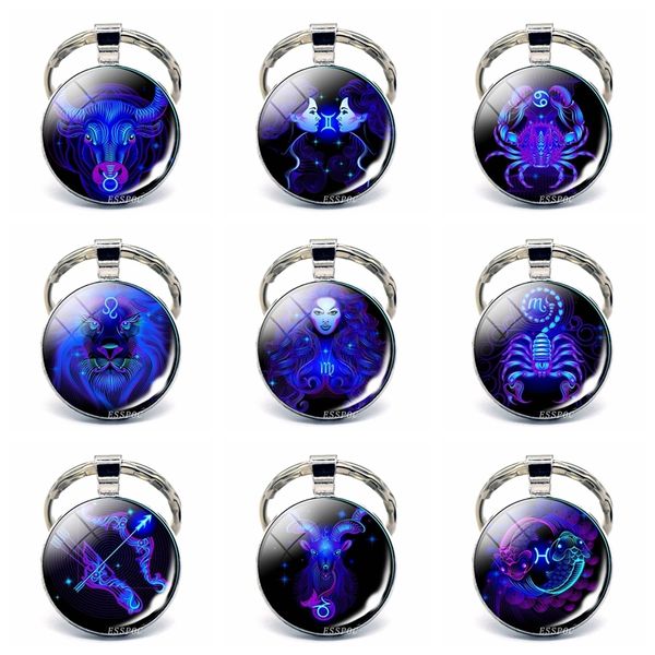

wholesale 12 constellation keychain classic 12 zodiac signs glass dome alloy keyring keychain fashion accessories birthday gift, Silver