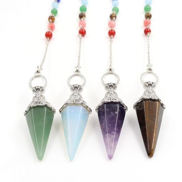 

wholesale silver plated hexagon pyramid rock crystal pendant black agate with stone beads chain healing chakra jewelry