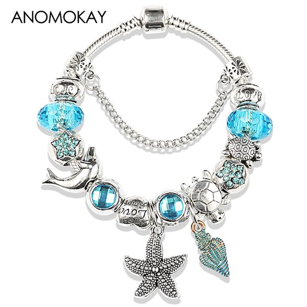 

2019 new arrival ocean animal charm bracelet antique silver starfish dolphins turtle cusual diy bead bracelet bangle, Golden;silver