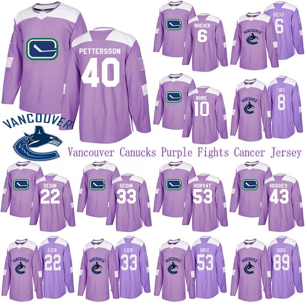

vancouver canucks purple fights cancer jersey 40 elias pettersson 43 quinn hughes 6 brock boeser 53 bo horvat hockey jersey, Black;red