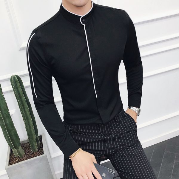 

2019 new arrival men casual shirt men's long sleeve shirt solid color stand collar british style slim fit male shirts, White;black