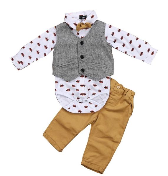 

newborn baby boys clothes sets formal suit waistcoat bowtie long sleeve pants outfits clothing set baby boy, White