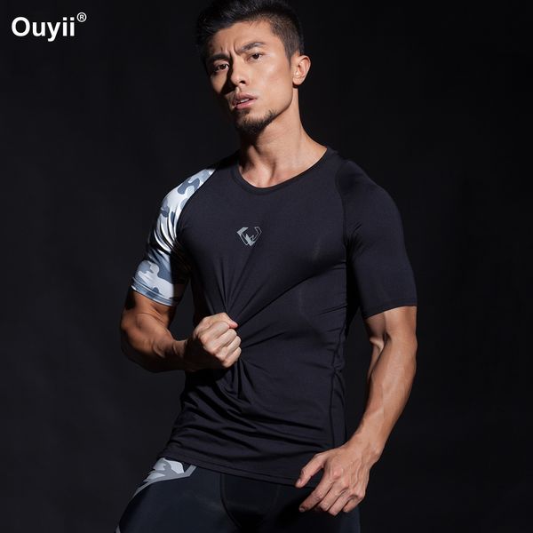 

сжатие футболки мужчины фитнес спорт футболка с коротким рукавом камуфляж спортивные рубашки tight gym фитнес бег обучение спортивная