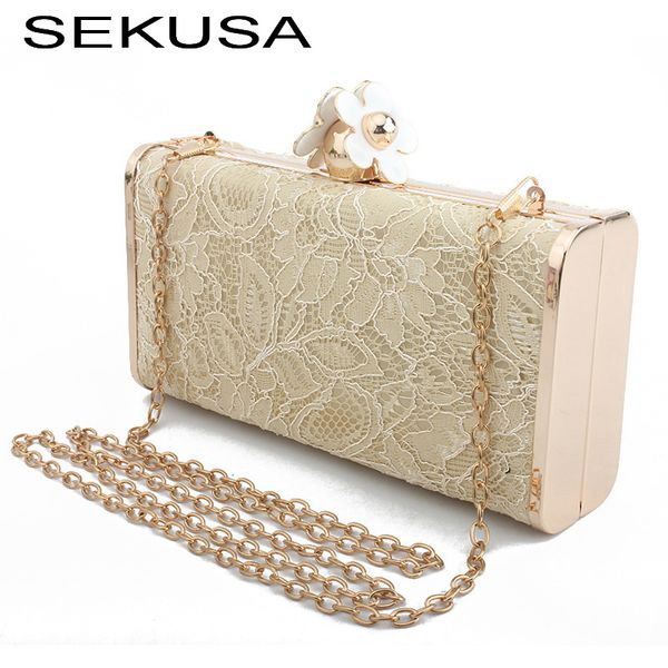 

sekusa lace vintage women evening bags metal flower luxury handbags shoulder chain party female purse