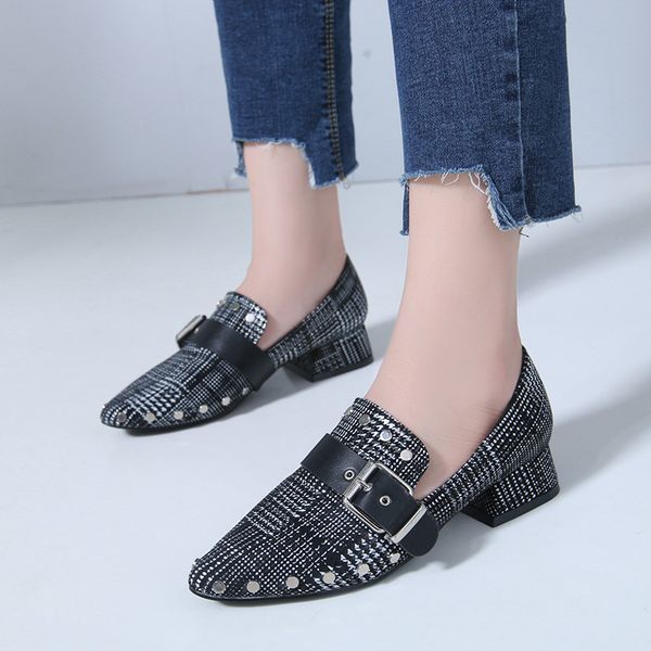 

fashion women low heel shoes plaid belt buckle pointed toe rivet women shoes comfortable slip-on thin heel, Black
