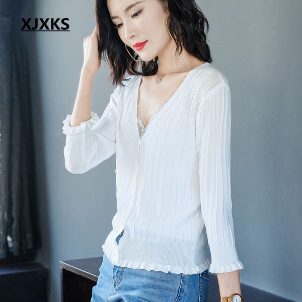 

xjxks fashion v-neck women cardigan 2020 spring summer new comfortable knitted women thin sweater, White