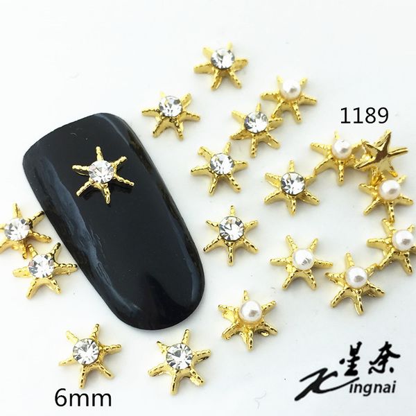 

10pcs/lot japan 6mm starfish star with rhinestone pearl metal alloy nail art decorations stickers/charms/ tools for manicure, Silver;gold