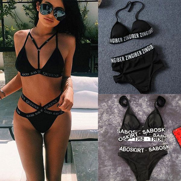 

swimwear women designer bikini letter print solid bikini swimwear female women swimsuit halter beachwear bathing suit swim wear, White;black