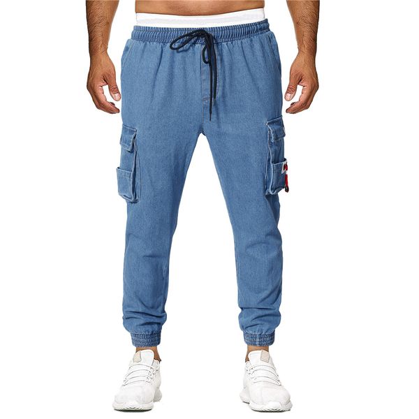 

мужчины джинсовых брюки рваных голубых джинсы мода хип-хоп тощий карандаш джинсы для мужчин стрейч лоскутный карман штанов 10.21, Blue