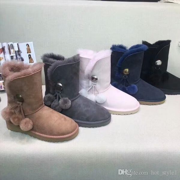 

classical woman round toe brick buckle sheep fur one high help warm snow boots winter woman five color flat plush warm snow boots, Black
