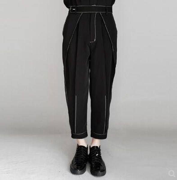 

27-44 2020 new men clothing fashion white line pressure loose nine points pants leisure trousers hairstylist plus size costumes, Black