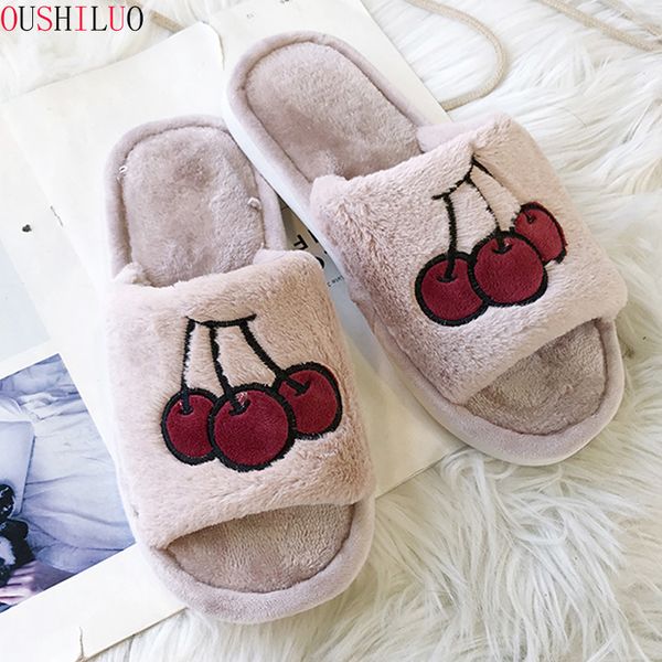 

women home slippers open toe flat faux fur cartoon fruit warm female indoor comfort shoes ladies bedroom footwear winter, Black
