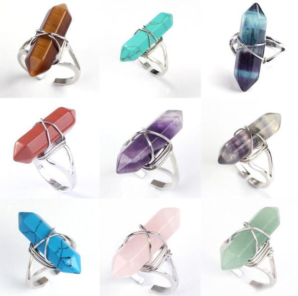 

new hexagonal prism rings gemstone rock natural crystal quartz healing point chakra stone charms opening rings for women men wholesale, Golden;silver