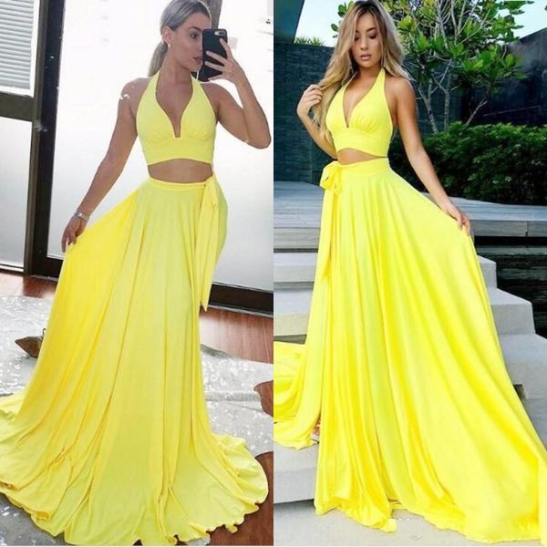 

simple 2019 prom dresses v neck halter two pieces women cocktail party gowns yellow custom made formal evening dress
