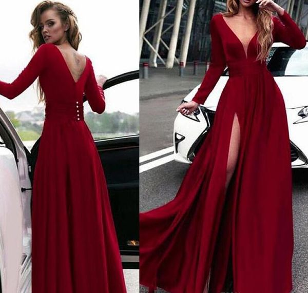 

sparkly deep v-neck neckline long sleeves a-line prom dresses with glamorous slit red prom party dresses evening gowns custom made, Black