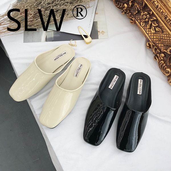 

japanned leather summer fashion slides cozy design woman slippers 2019 new trend fashion mules slip on shoes female, Black