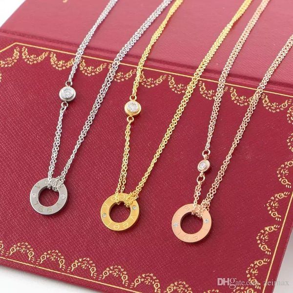 

love circle necklace with cz diamond pendant rose gold silver color necklace for women vintage collar costume jewelry with original box set