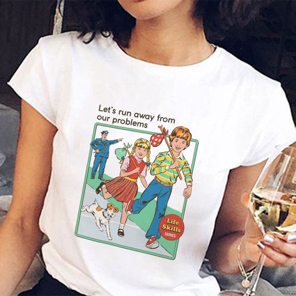 

korean style fashion vintage 80s 90s female t-shirt lets run away from our problems printed funny tees harajuku streetwear, White