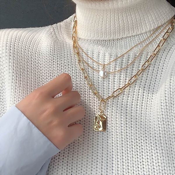 

statement metal figure pendant necklace women multi layers chain jewelry 2020 new collares wholesale, Silver