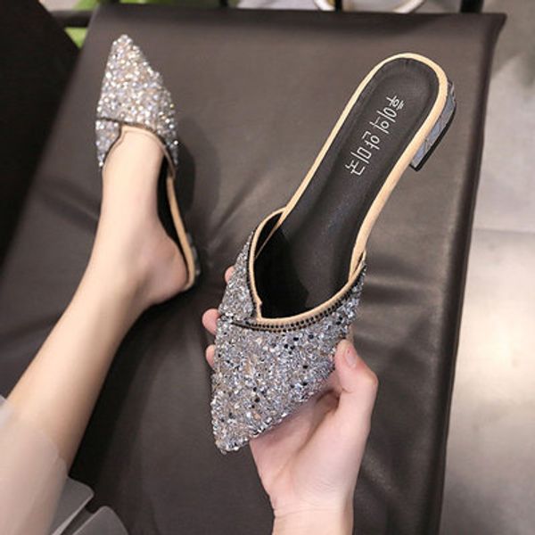 

slippers women wear 2020 new fashion pointed toe baotou half drag summer wild with hong kong wind muller shoes tide, Black