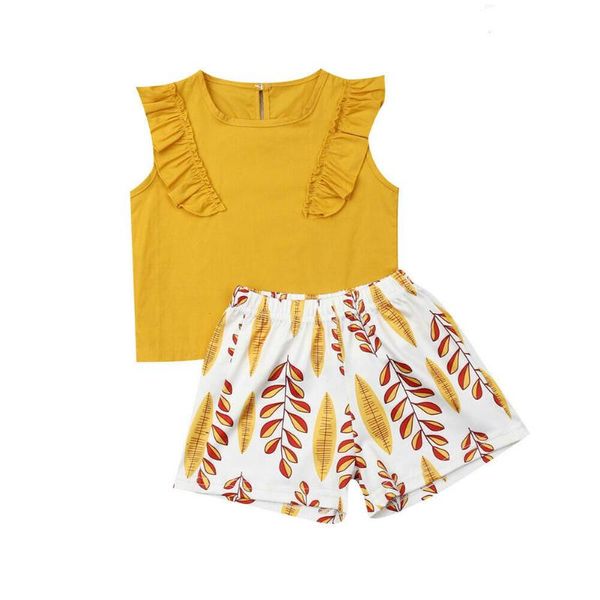 

2019 newly summer pretty kids baby girls clothes sets sleeveless ruffles solid vest+print shorts, White